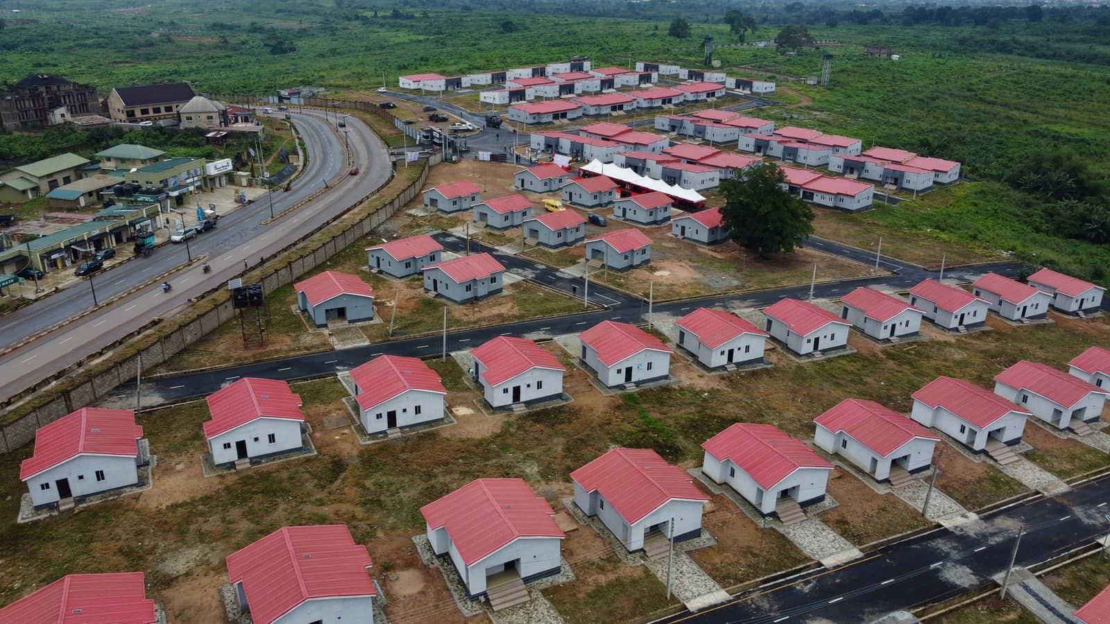 Aerial view of the completed homes